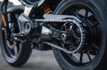 Obraz premium Close-up of the chain and pulley on an electric motorcycle 