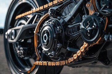 Obraz premium Close-up of the chain and pulley on an electric motorcycle 