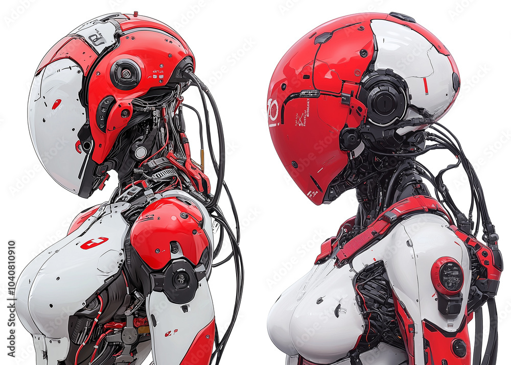 Poster futuristic cyberpunk female character with sleek design, featuring red and white color scheme. character showcases advanced robotic features and intricate detailing, png transparent background