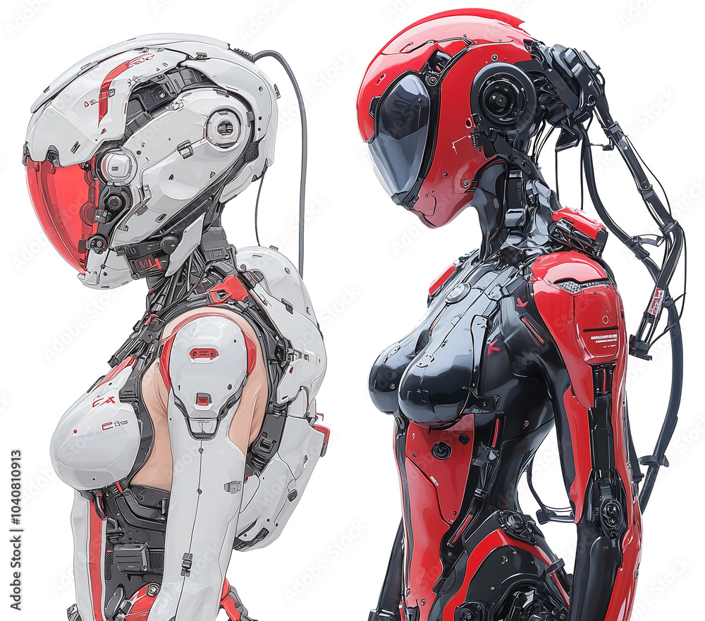 Poster futuristic cyberpunk female character design showcasing intricate robotic features and sleek, modern