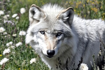 White Wolf in a Flower Field Staring into the Camera