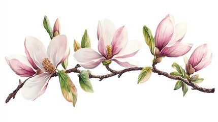 Fototapeta premium A watercolor painting of a magnolia branch with three pink flowers and several buds, isolated on a white background.
