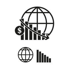 Global decline icon. Downward financial chart. Dollar and globe image. Black vector.