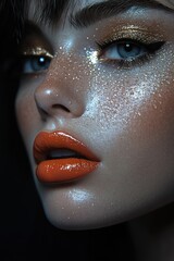 Naklejka premium Close-up portrait of a woman with glitter makeup and glossy lips in dramatic lighting