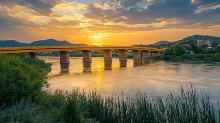 Golden Bridge Stretching Across Serene River at Sunset