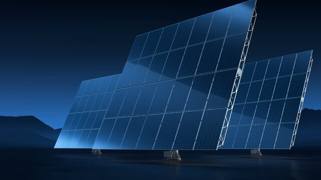 Single post solar tracker panels moving in the desert at night under a blue sky