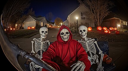 Close-up shot through a fisheye lens of Death in a red hoodie sitting on a bench at night with two realistic-looking skeleton friends. 