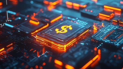 Fototapeta premium A glowing dollar sign embedded in a futuristic circuit board.