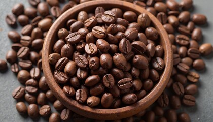 Fototapeta premium Roasted Coffee Beans in Rustic Wooden Bowl for Fresh Grinding