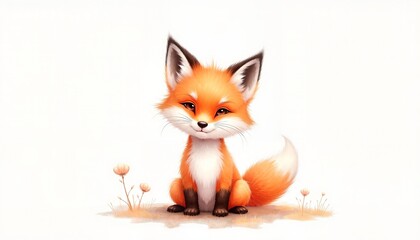 Obraz premium Cute Cartoon Fox Smiling Cheerfully Sitting in Flowery Meadow