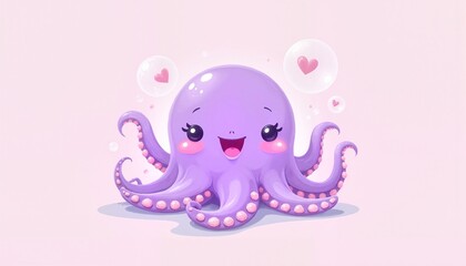 Adorable Purple Octopus Smiling Cheerfully with Heart Bubbles on Pastel Pink Background