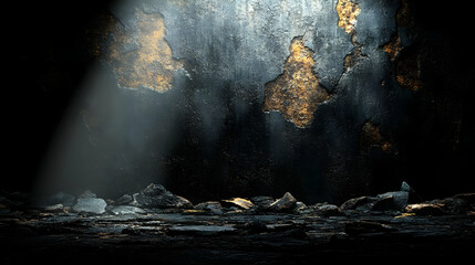 Dark Room Background with Light and Rocks