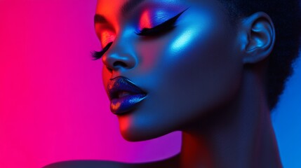 Fototapeta premium Fashion model showcasing striking eye makeup and vibrant colors in a softly lit artistic portrait