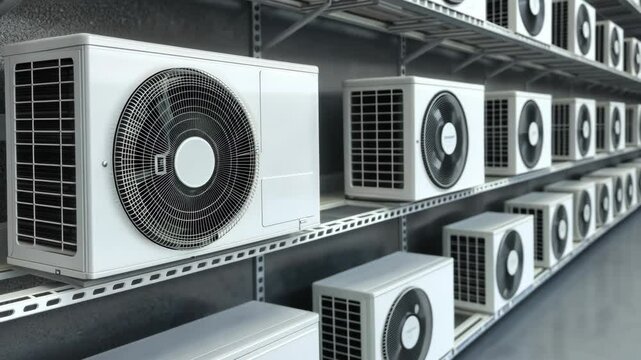 A row of air conditioning units are neatly stacked on shelves in a warehouse setting