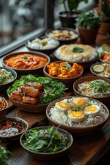 Obraz premium assorted asian dishes on dark background top view freshly made chinese japanese thai cuisine
