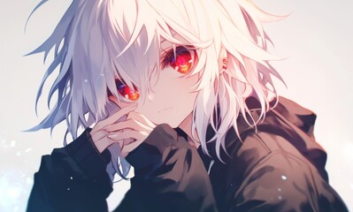 Fototapeta premium Close-Up of Anime Boy with White Hair and Red Eyes in Sweatshirt