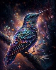 A vibrant hummingbird with glowing, multicolored feathers perched on a branch against a cosmic, starry background..