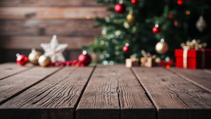 Rustic wood plank board surface with decorated Christmas tree mockup background