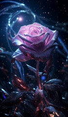 Fototapeta premium A radiant, futuristic rose with metallic petals glowing in pink and purple hues, set against a cosmic, starry background..
