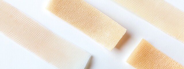 Medical Adhesive Bandages on Clean White Surface, showcasing the texture and design of bandages for first aid applications