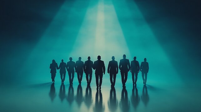 modern clean, stylish poster of group of male and female employees, fading to unknown, awesome design,