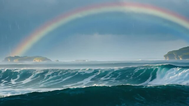 Double Rainbow Ocean Waves Crashing Shore StormEnd Scene Captured Seamless 4K Loop water silhouette promise ather beach mist cloud fog wave hope blue vertical art portrait abstract night