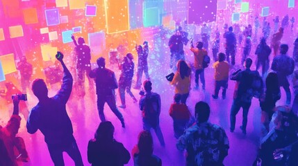 Obraz premium A large crowd of people celebrating in a brightly lit, colorful space with square lights.