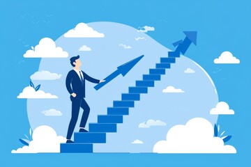 Cartoon Man in Business Attire Climbing an Upward Arrow: A Minimalistic Vector Illustration Representing Growth and Success in Technology Sales.