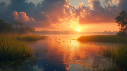 Obraz premium Serene sunset over a tranquil waterway with ducks and lush grasses.