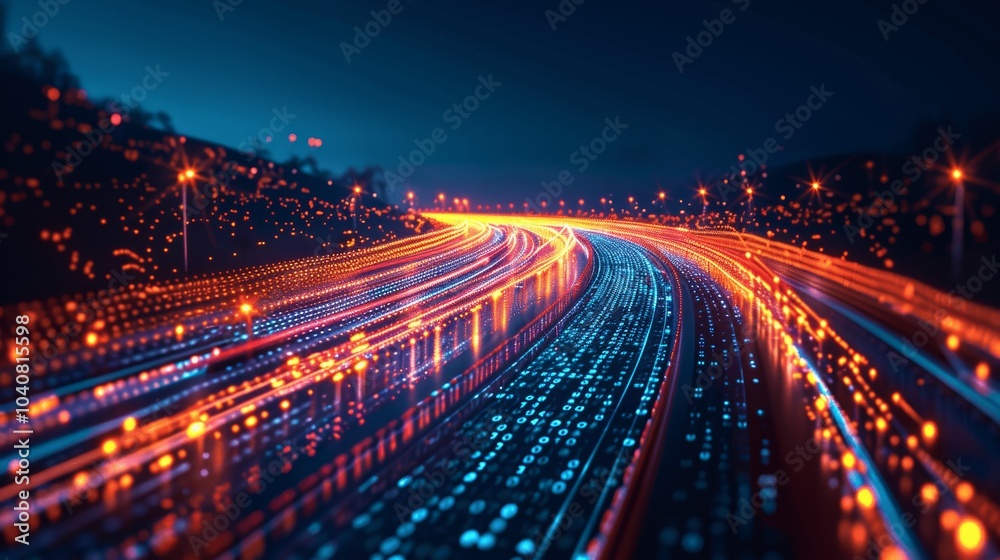 Wall mural binary data streaming on futuristic digital highway - 3d illustration of technology concept with lig