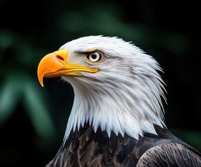 Obraz premium Bald eagle close-up with dark forest background