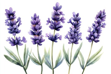 Naklejka premium Watercolor painting of five lavender flowers with green leaves on a white background.