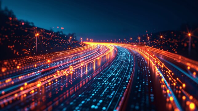 Binary Data Streaming on Futuristic Digital Highway - 3D Illustration of Technology Concept with Light Trails