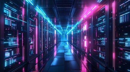 Fototapeta premium Neon-Lit Server Room Corridor with Glowing Blue and Pink Lights