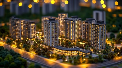 Detailed architectural model showcasing a modern urban area at night with illuminated buildings and lush greenery