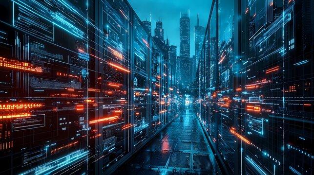 Futuristic cityscape reflected in server racks with glowing blue and orange lights.