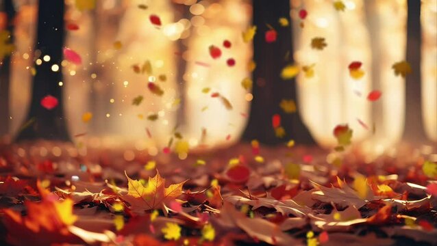 A stretch of dry leaves in the middle of the forest during autumn. Seamless 4K looping timelapse video animation background