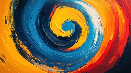 Abstract oil painting of a swirling pattern in blue, yellow, red, and white.