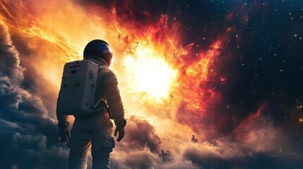 An astronaut stands on a cloud-covered planet gazing at a bright nebula in the sky.