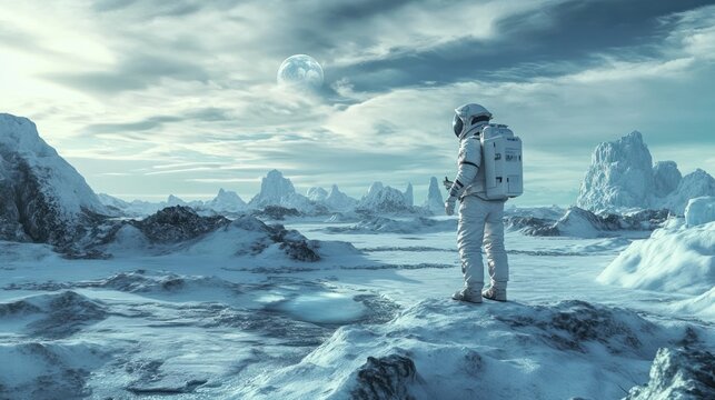A lone astronaut stands on a rocky outcrop in a desolate alien landscape, gazing at a large moon in the sky.