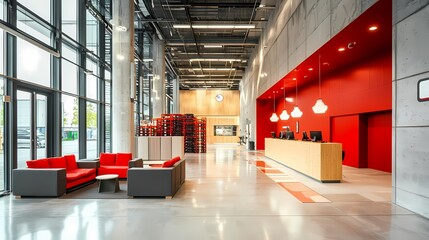Modern Lobby Interior with Red Accents and a Wooden Reception Desk