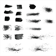 Vector collection of artistic grungy black paint splash hand-made creative brush stroke set isolated on white background.
