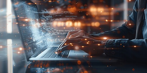 Businessman Utilizing AI and Machine Learning for Data Analysis and Web Design Coding on Laptop with Digital Interface Hologram