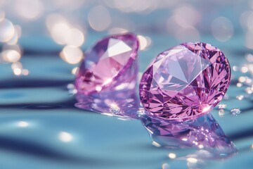 Two Pink Gemstones Resting on a Blue Reflective Surface