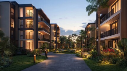 Twilight view of a modern apartment complex surrounded by lush gardens and warm, inviting lights