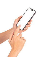 Hand using smartphone with blank screen isolated on white background.