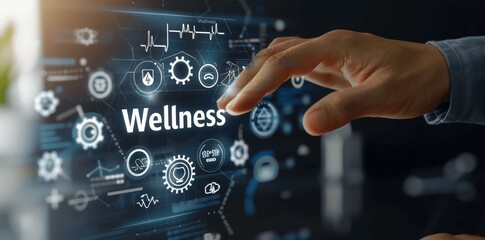 Businessman Touching Gear icons Wellness Health Happiness Virtual Screen Employee Well-Being Self-Care Service High Resolution Detailed Focus Wellness Concept Balance Integration