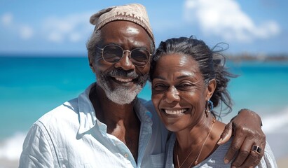 Obraz premium Smiling senior couple hugging on beach with ocean and blue sky background close up photo