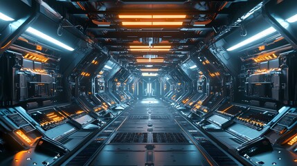 Futuristic Spaceship Corridor with Orange and Blue Lights