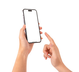 Hand using smartphone with blank screen isolated on white background.